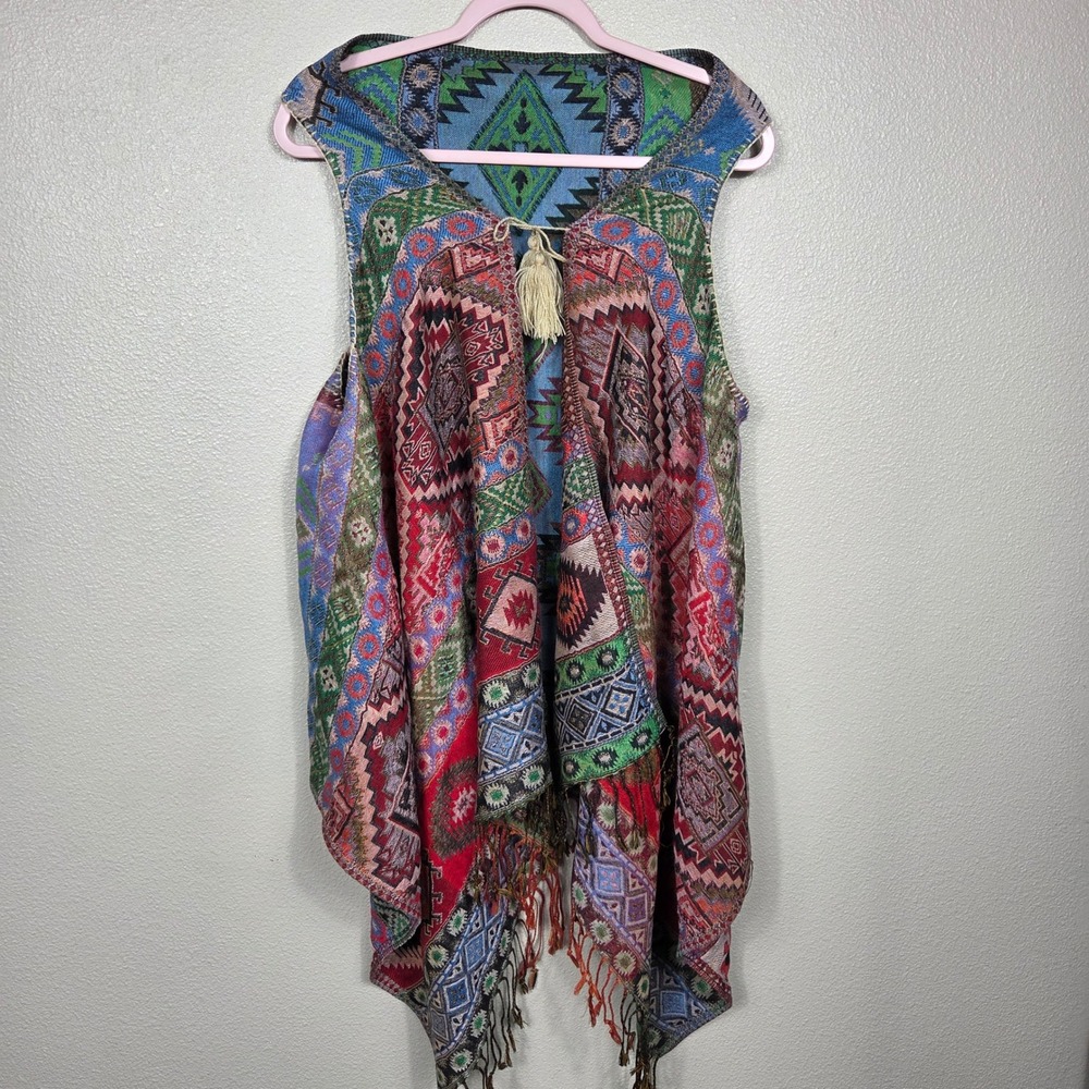 Reversible Tapestry Waterfall Vest Womens Boho Southwestern Aztec Fringe